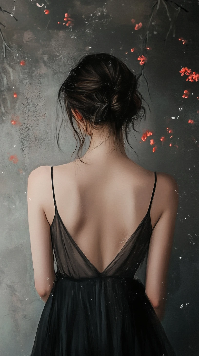 Woman in black slip dress against abstract ink wash backdrop