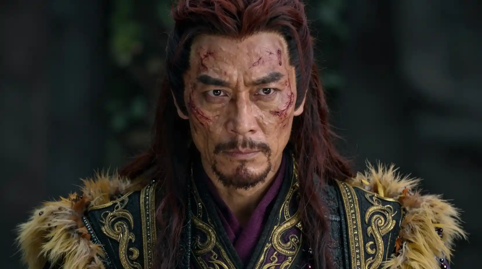 Scarred Chinese strategist in dramatic cinematic close up