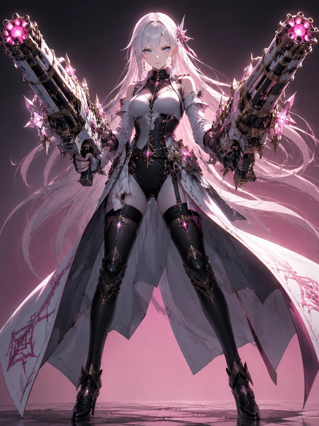 Anime warrior woman with dual miniguns in studio spotlight