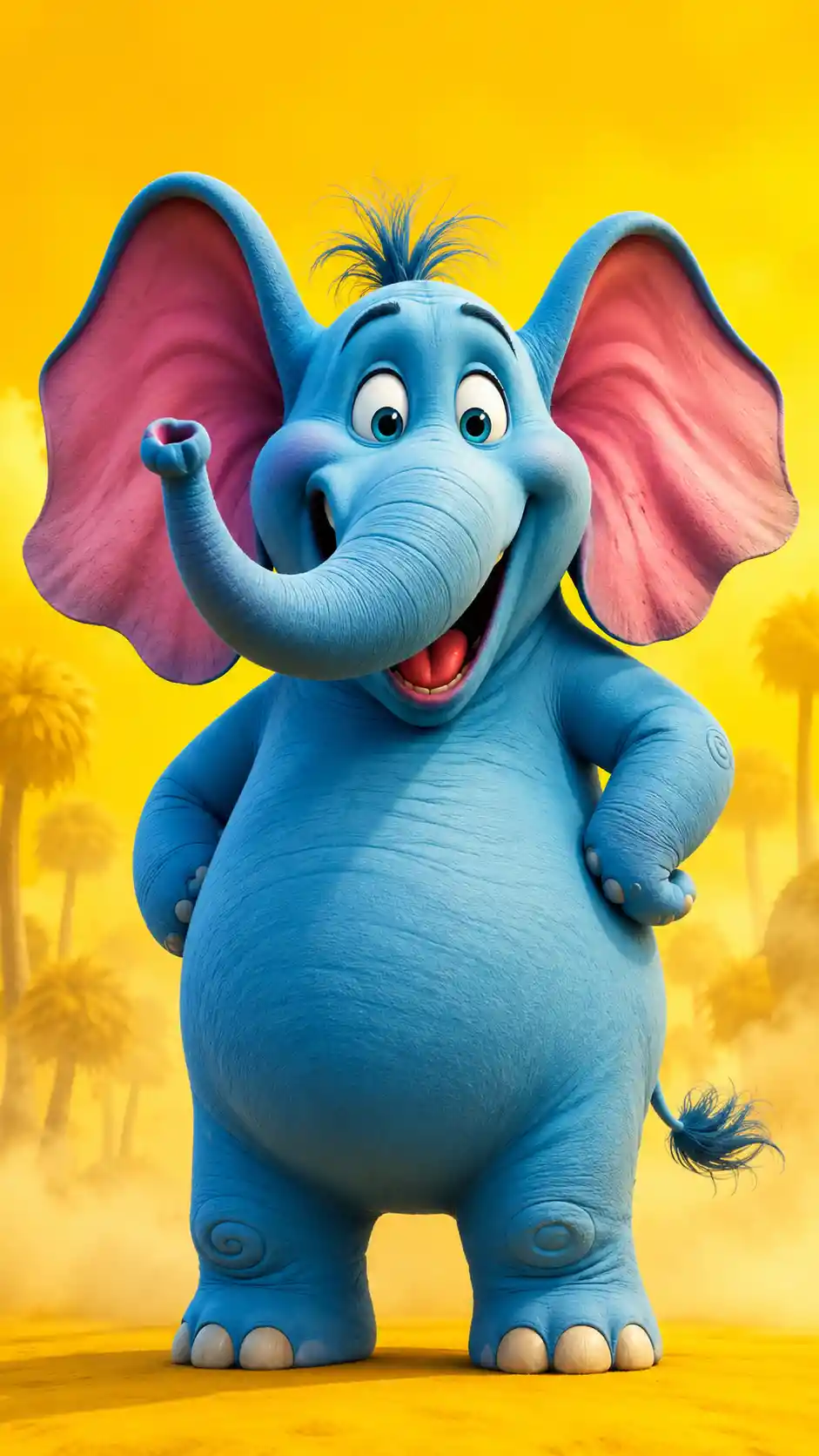 Playful 3D elephant character in vibrant abstract setting