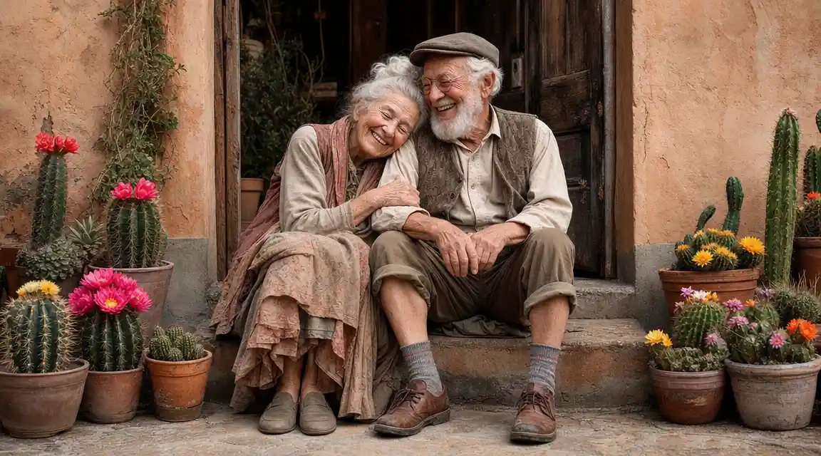 Elderly couple sharing a tender moment on a doorstep