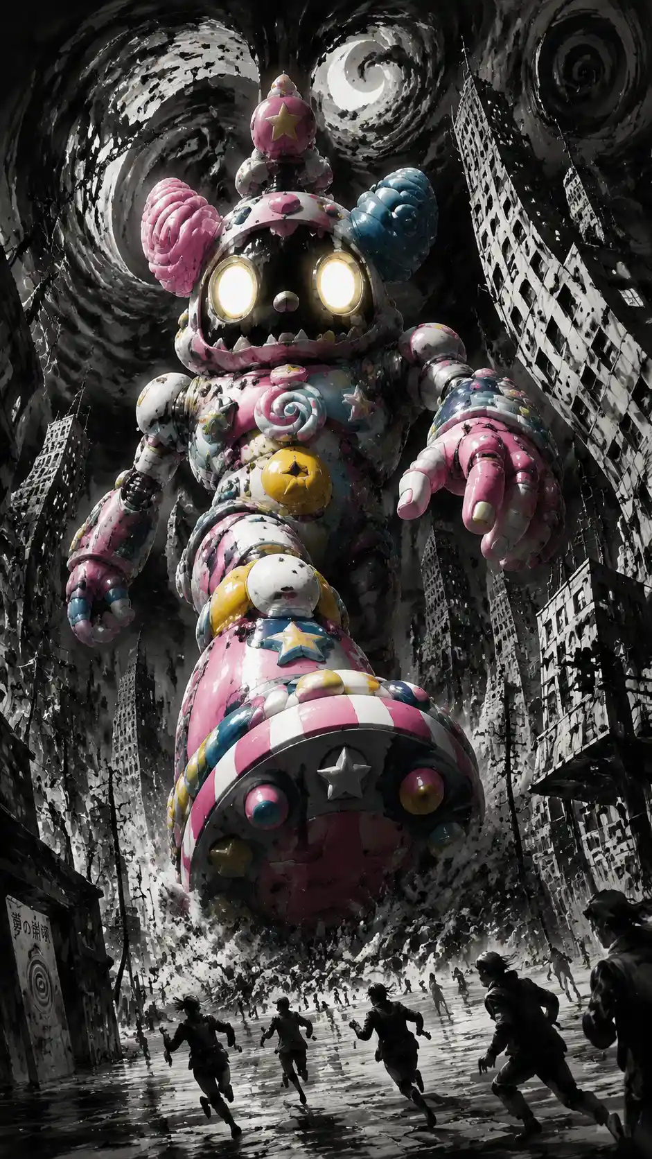 Giant Toy Mech Striding Through Distorted Ink Cityscape