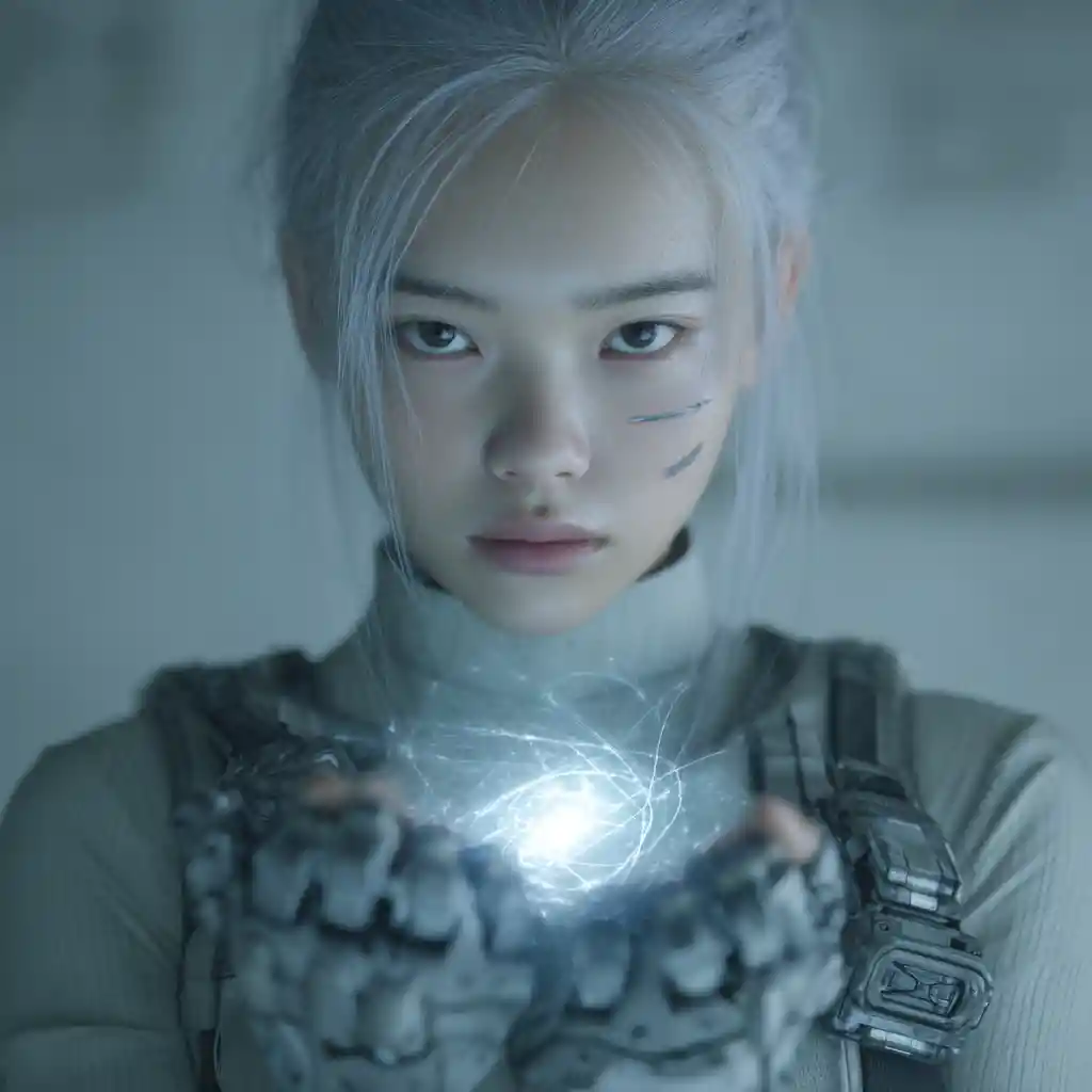 Futuristic woman holding a glowing quantum weapon in studio