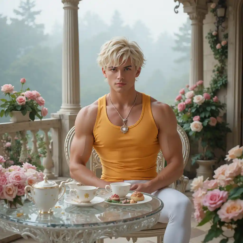 Blond young man on villa terrace at misty summer morning