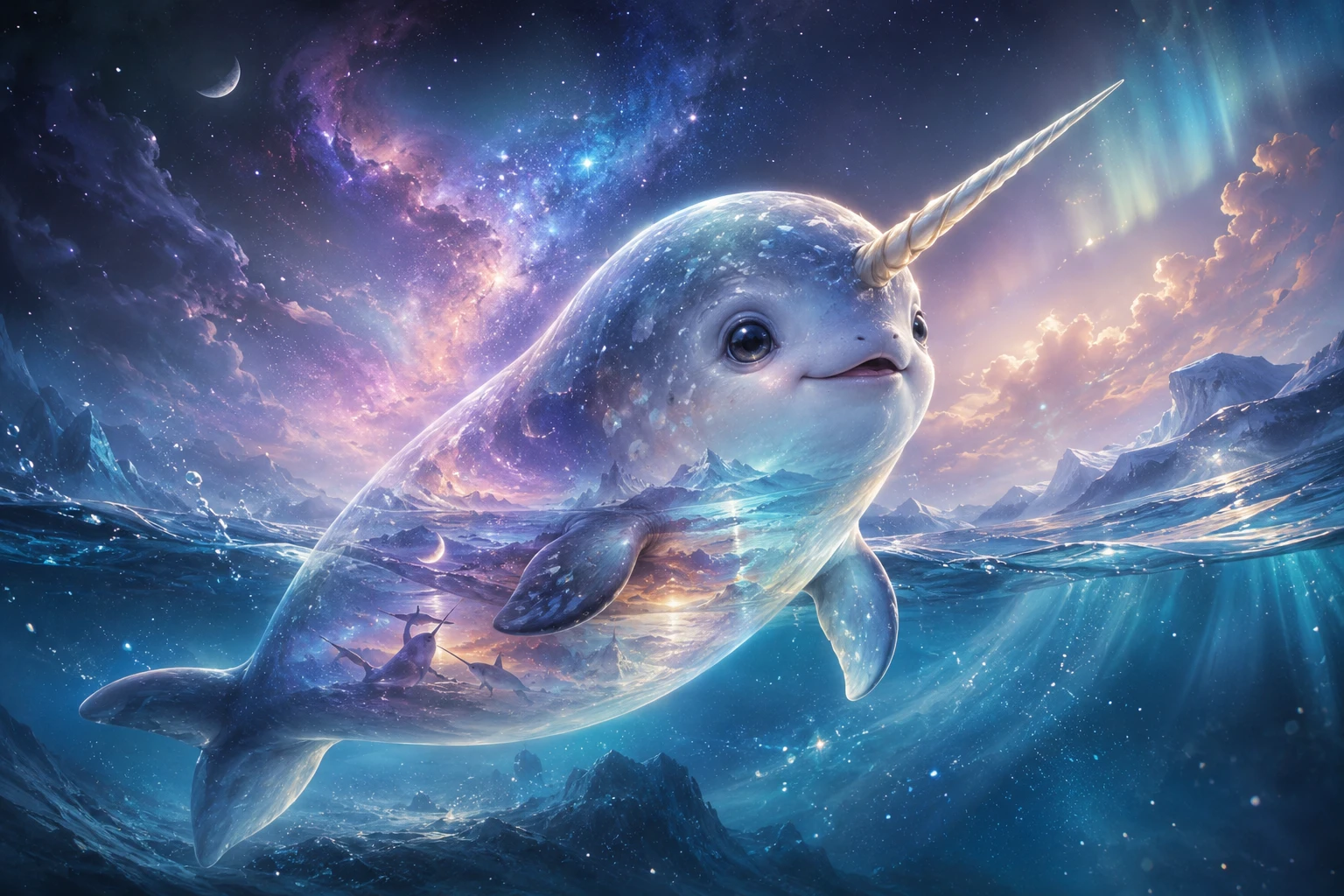 Cute baby narwhal swimming through glowing ocean and stars