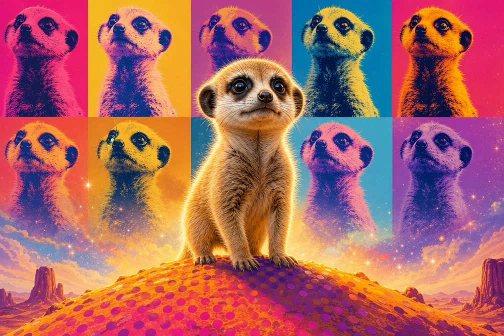 Cute baby meerkat in pop art style on desert mound