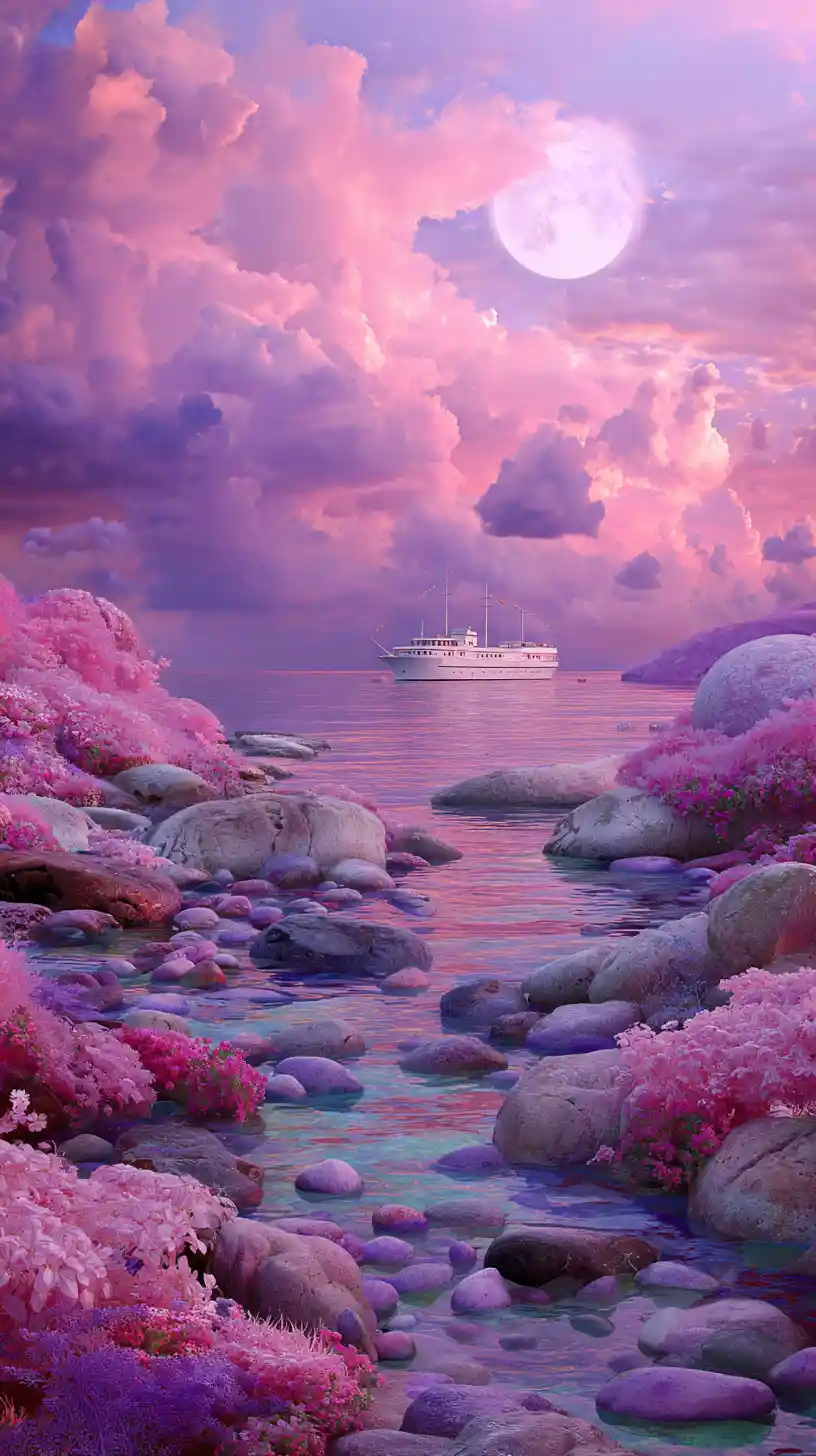 Dreamlike pink seascape with a boat and distant waterfall
