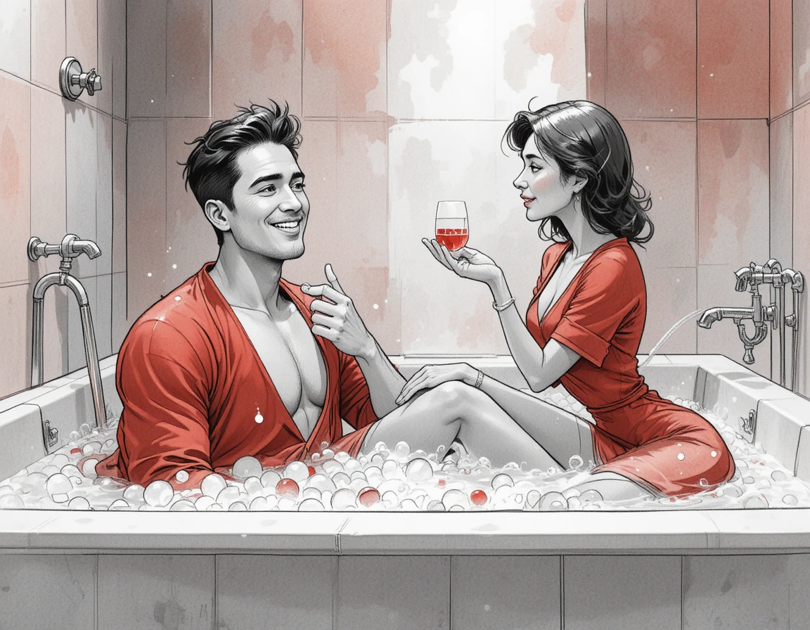 Middle aged man in red bathrobe chatting in bubbly tub