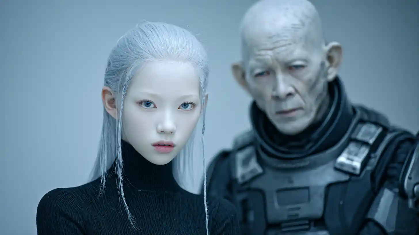 Asian girl and granddad in futuristic ghost shelter corridor