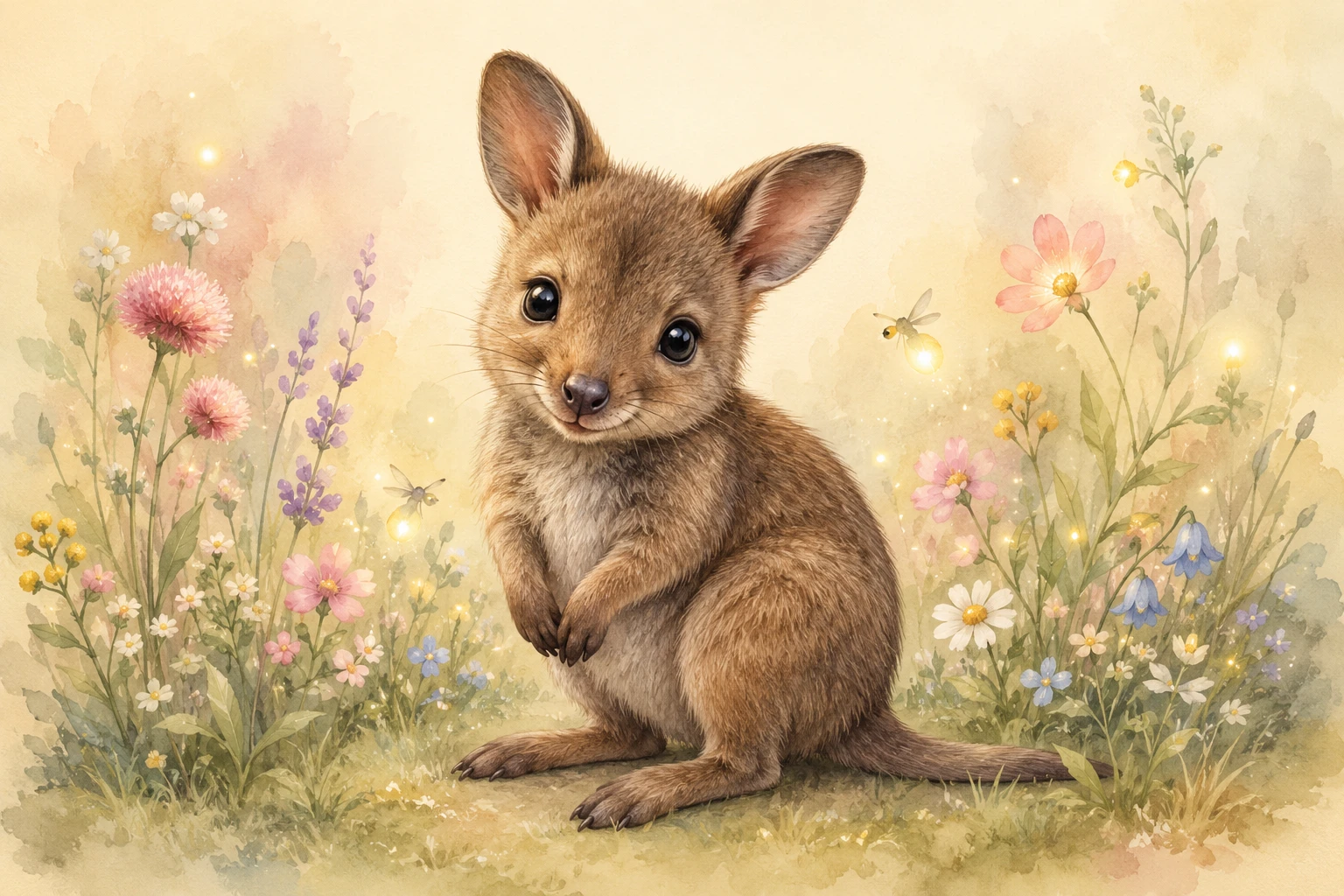 Cute baby potoroo in pastel meadow with glowing fireflies