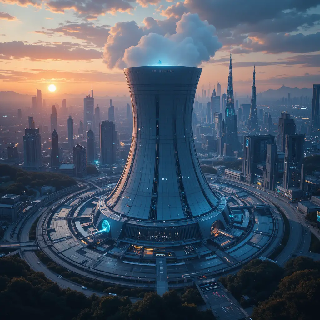 Centrale nucleare futuristica che brilla al tramonto in città utopica