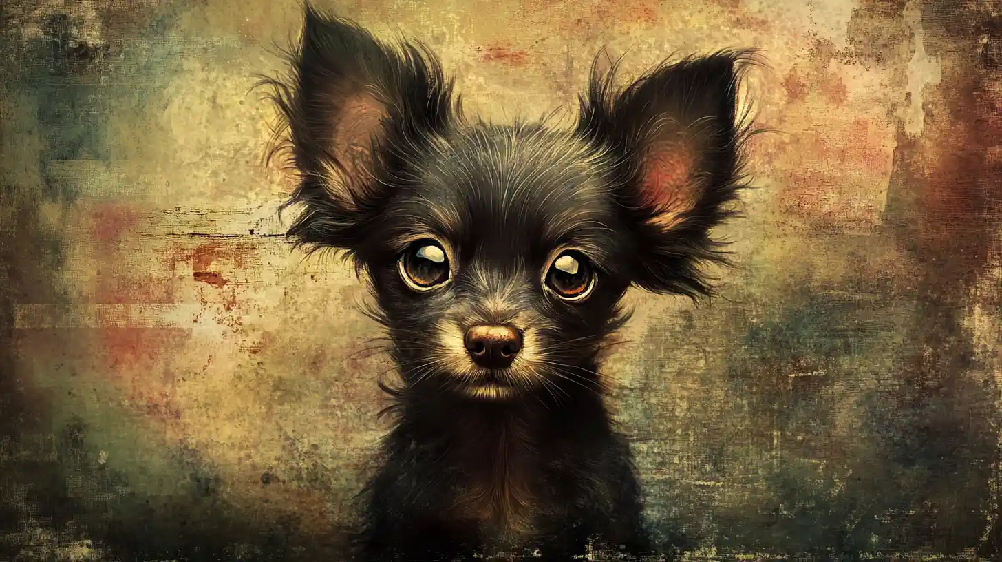 Whimsical gothic puppy with oversized head and glossy eyes