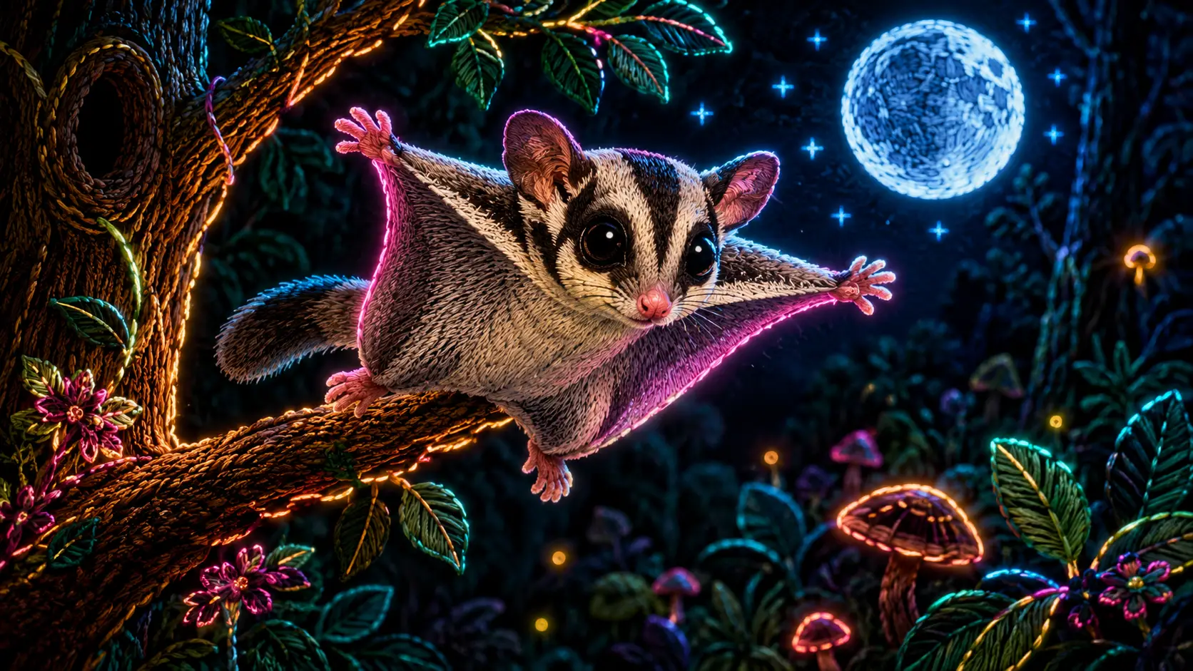 Adorabile cucciolo di scoiattolo volante su ramo luminoso in una foresta al chiaro di luna