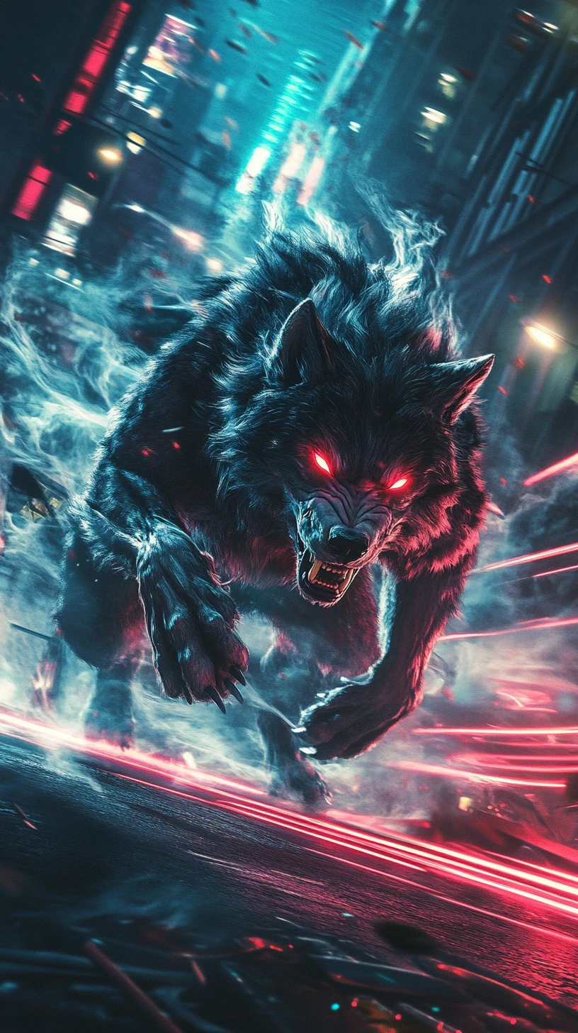 Massive wolf creature lunging through neon lit city night