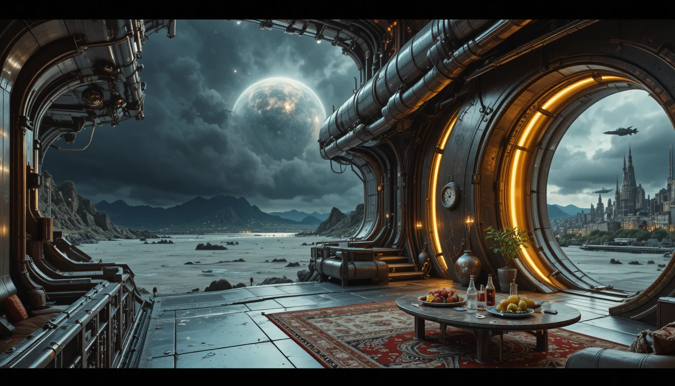 Futuristic beach house under a massive alien planet