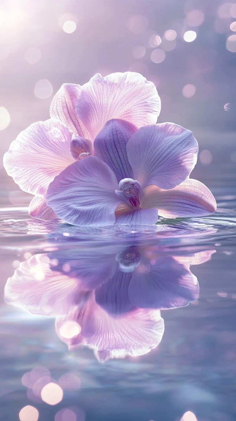 Orquídea lila sobre agua reflectante en pintura digital de ensueño