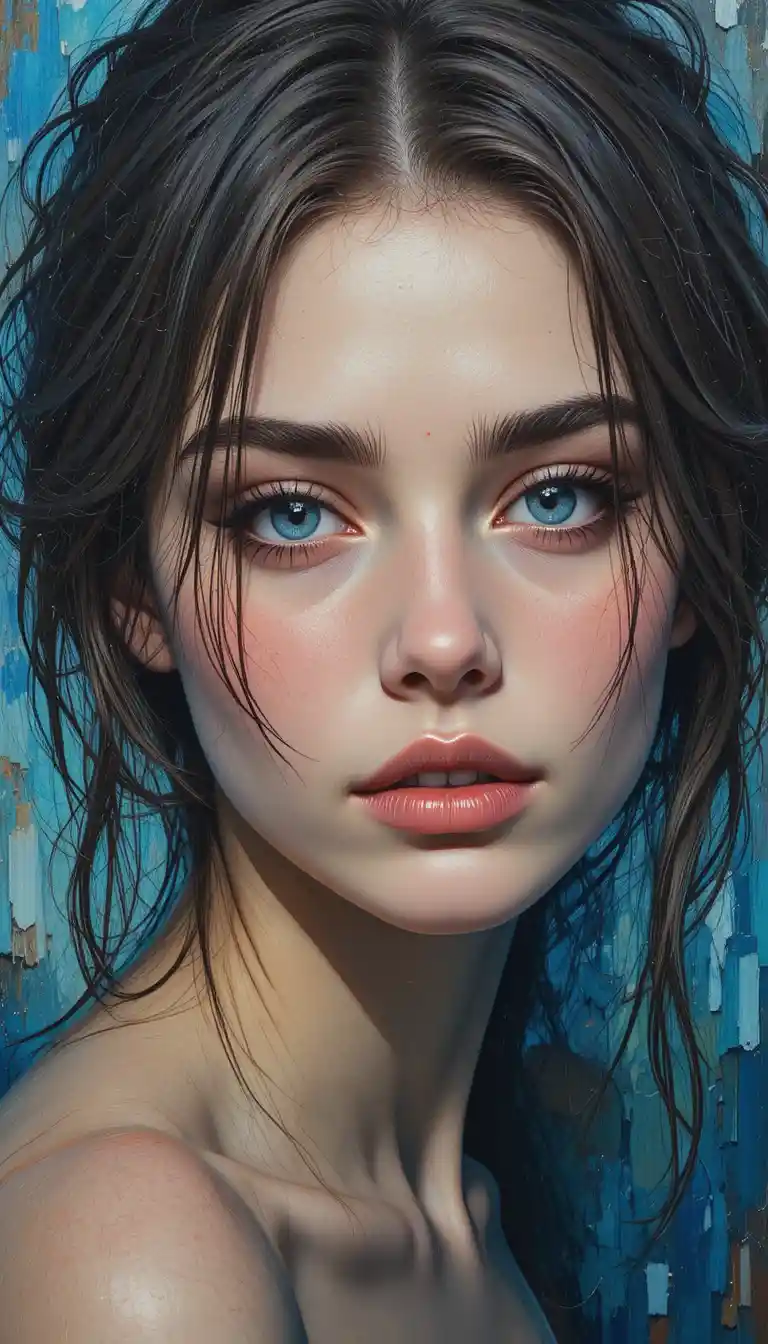 Close up oil painting of a blue eyed young woman