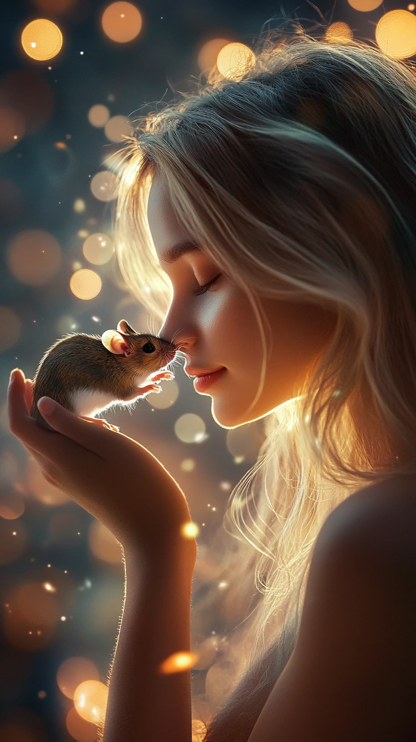 Girl touched on the nose by a tiny mouse under stars