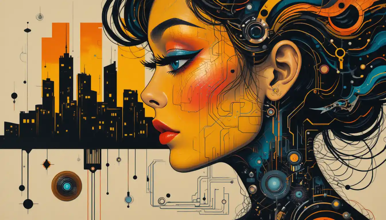 Colorful woman profile fused with abstract urban cityscape