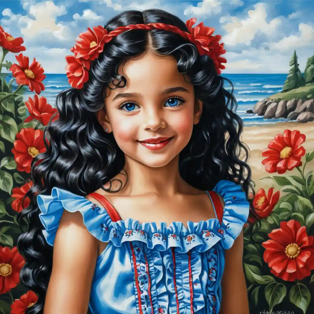 Smiling curly haired girl in a blue summer dress