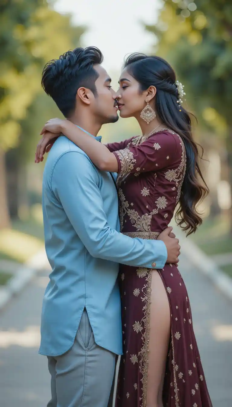 Young couple sharing a tender kiss in outdoor portrait