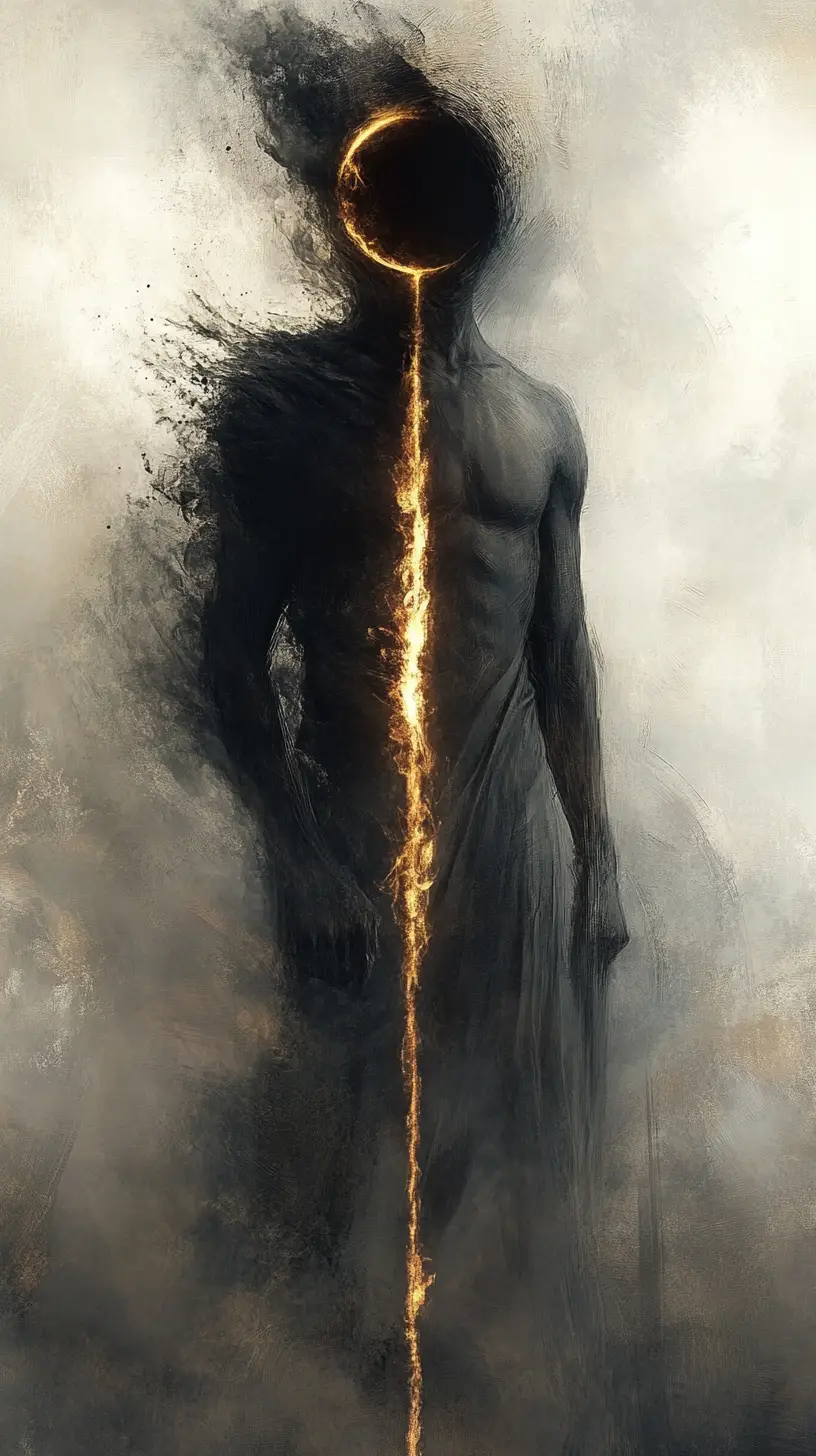 Ghostly warrior split by shadow and burning light