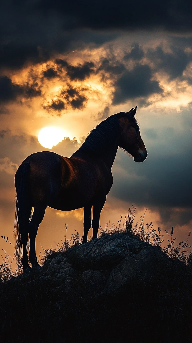 Wild horse standing on a ridge under dramatic storm clouds