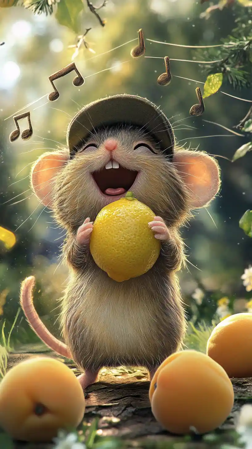 Allegro topolino che canta con la frutta in una foresta primaverile