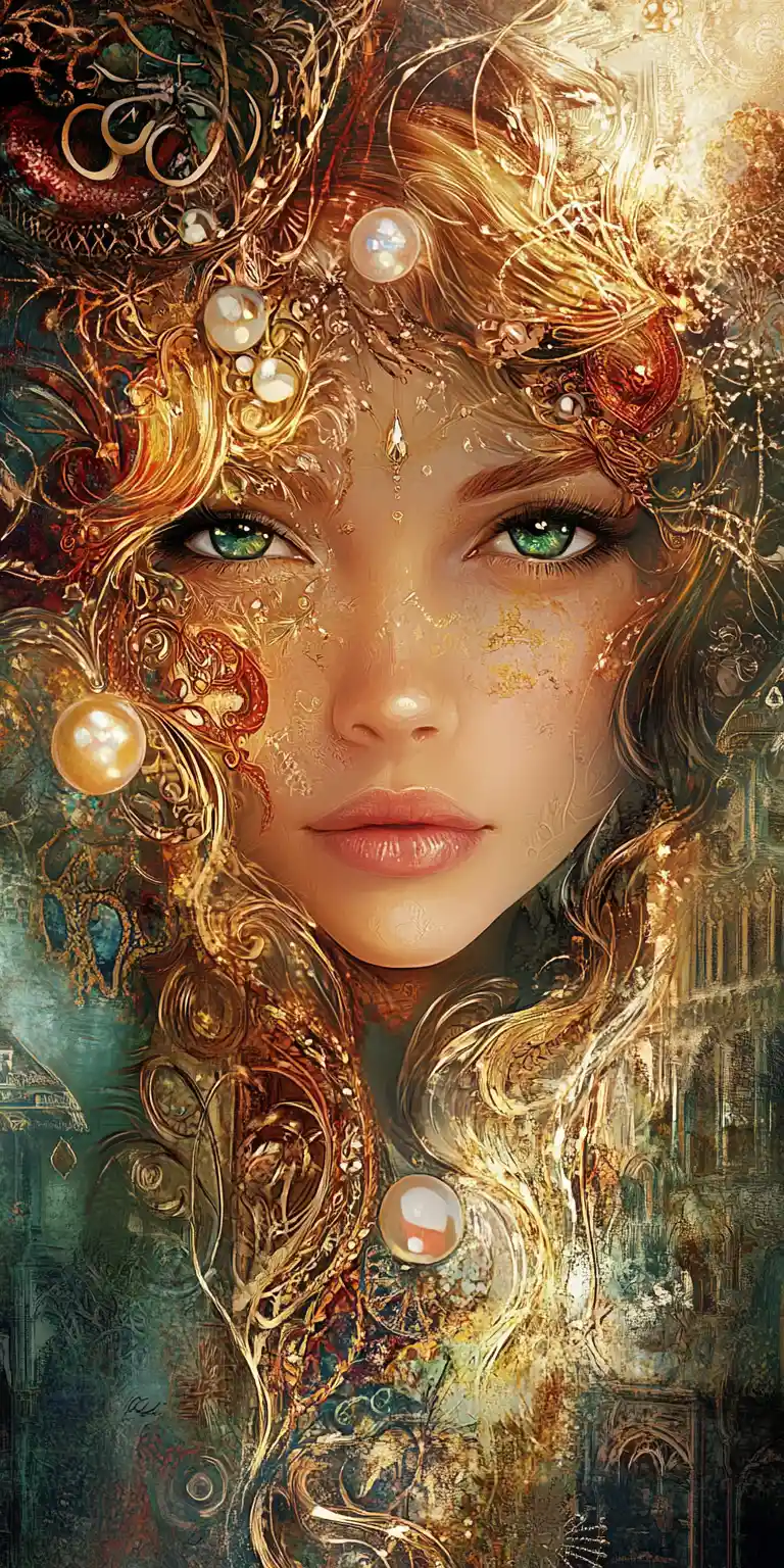 Enchanted woman in pearls within a luminous fantasy garden