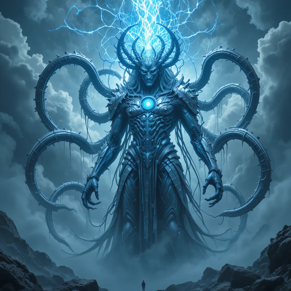 Cosmic armored deity amid eldritch tentacled storm clouds