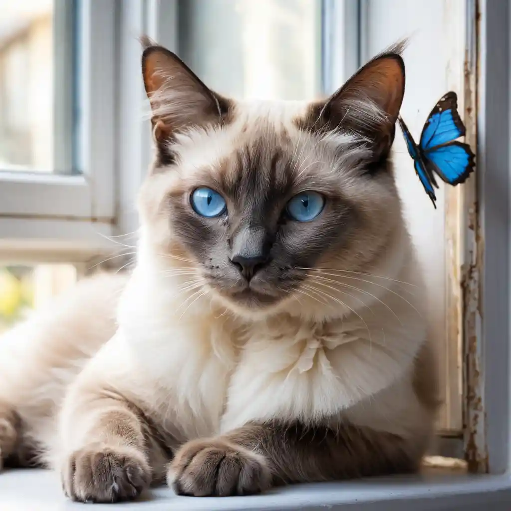 Siamese cat on sunny window in soft watercolor