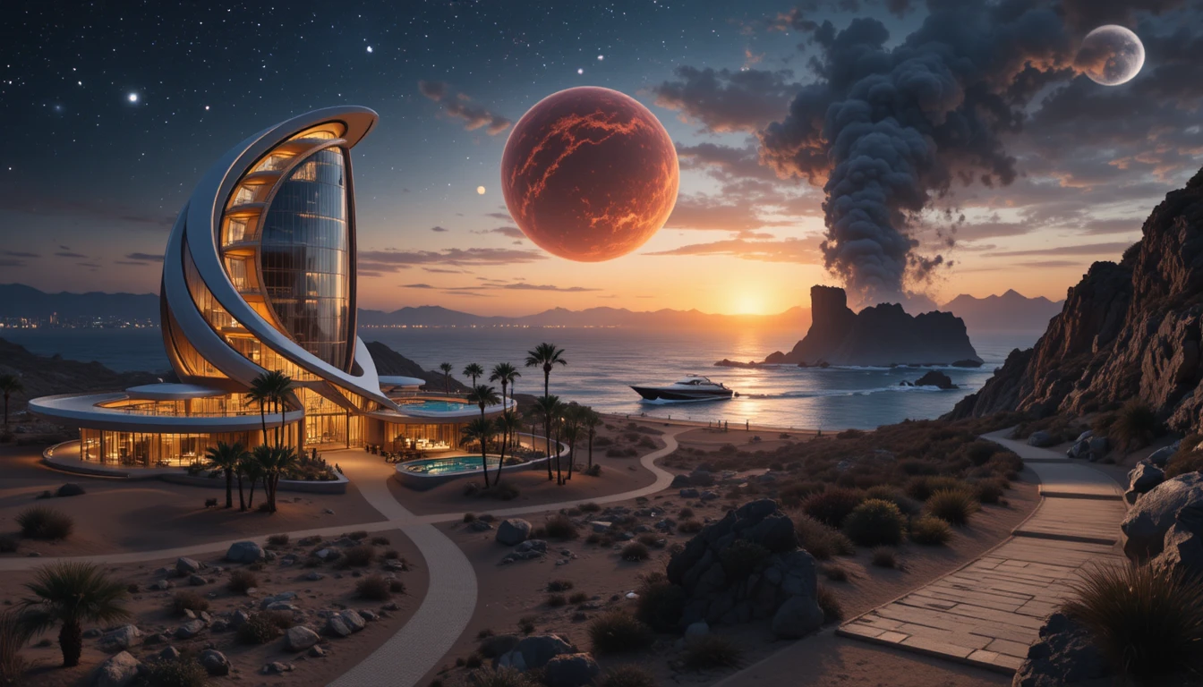 Futuristic spiral desert retreat glowing at sunset