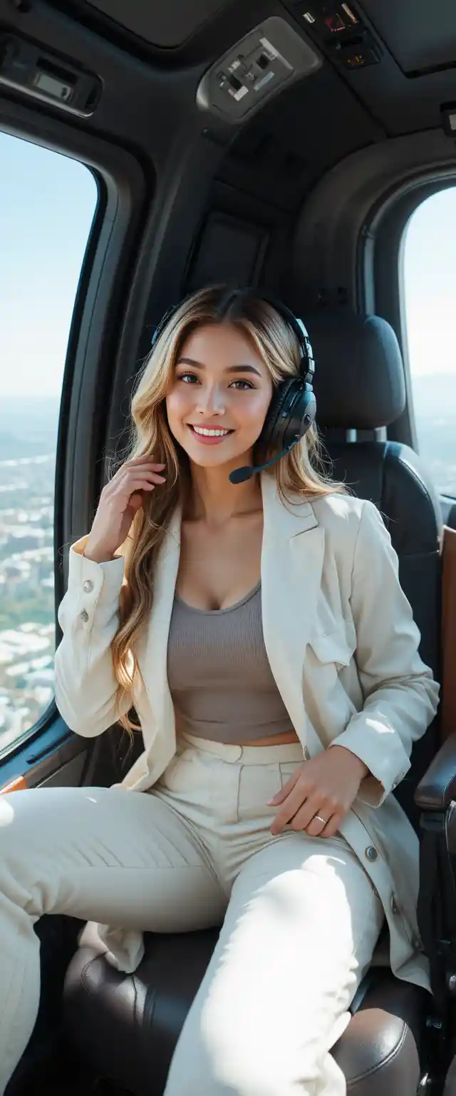 Confident woman relaxing in helicopter over city skyline