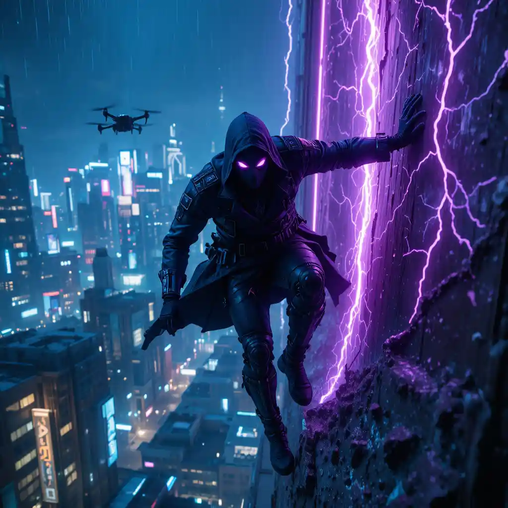 Cyberpunk Assassin Wall Running Across Neon City Skyscraper