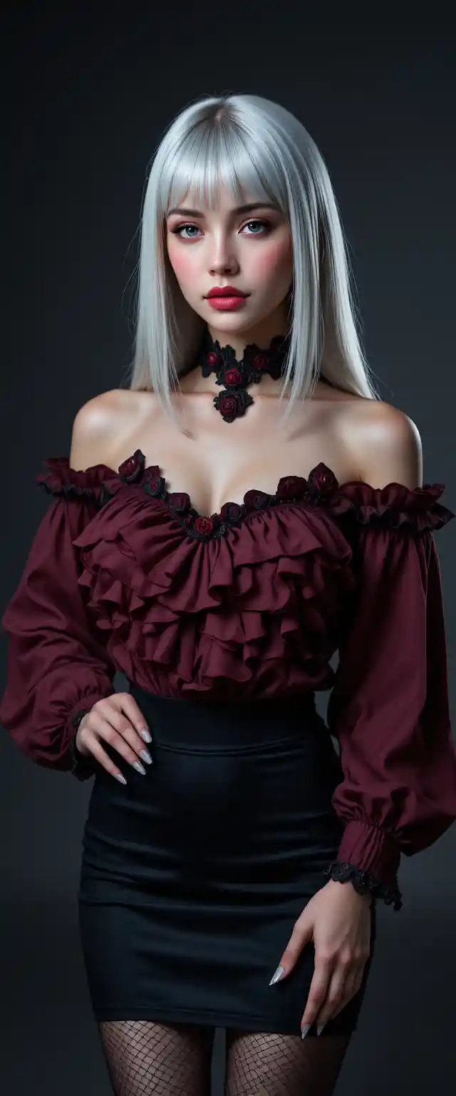Two tone haired woman in ruffled burgundy blouse