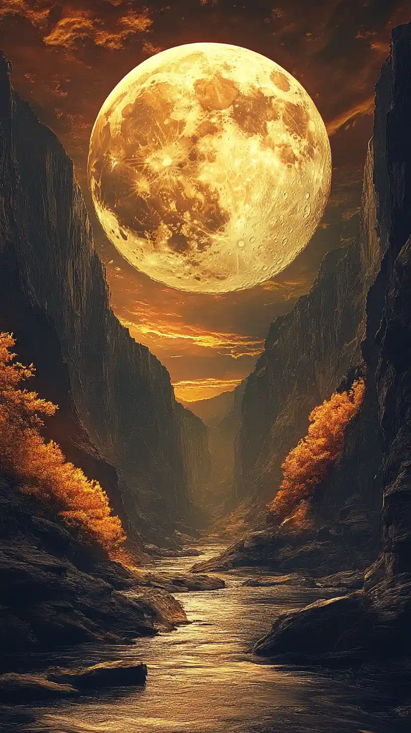 Golden full moon above a narrow river gorge at night