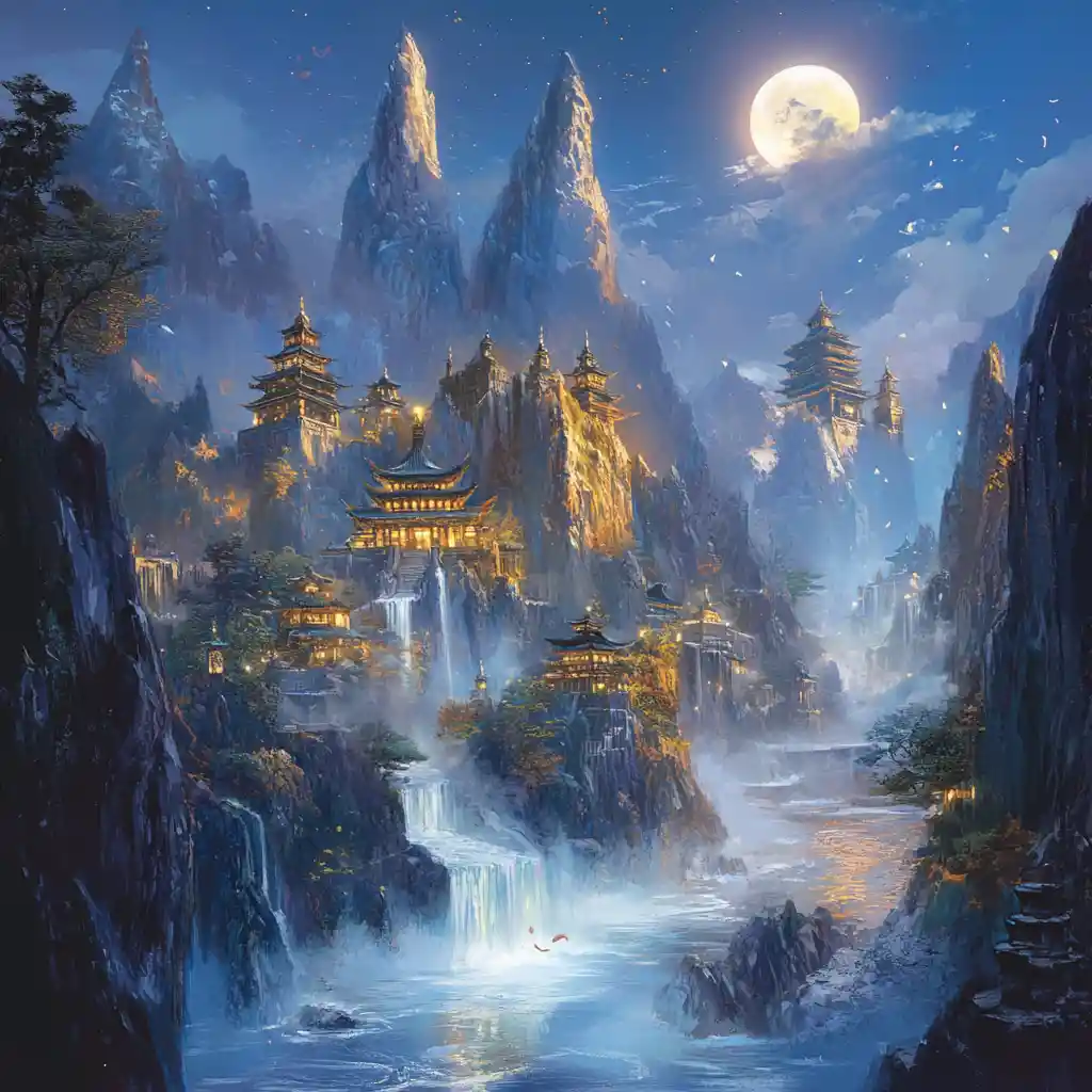 Majestic Crystal Mountains And River In Moonlit Fantasy Valley