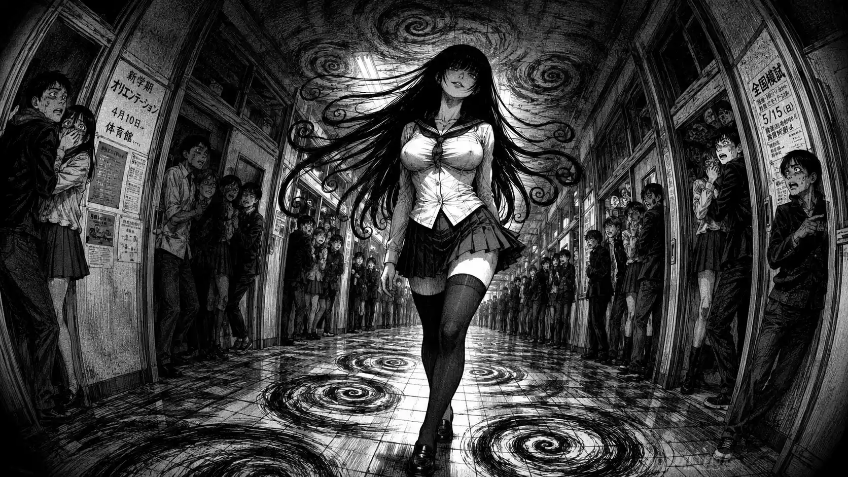 Horror manga girl walking a warped Japanese school hallway