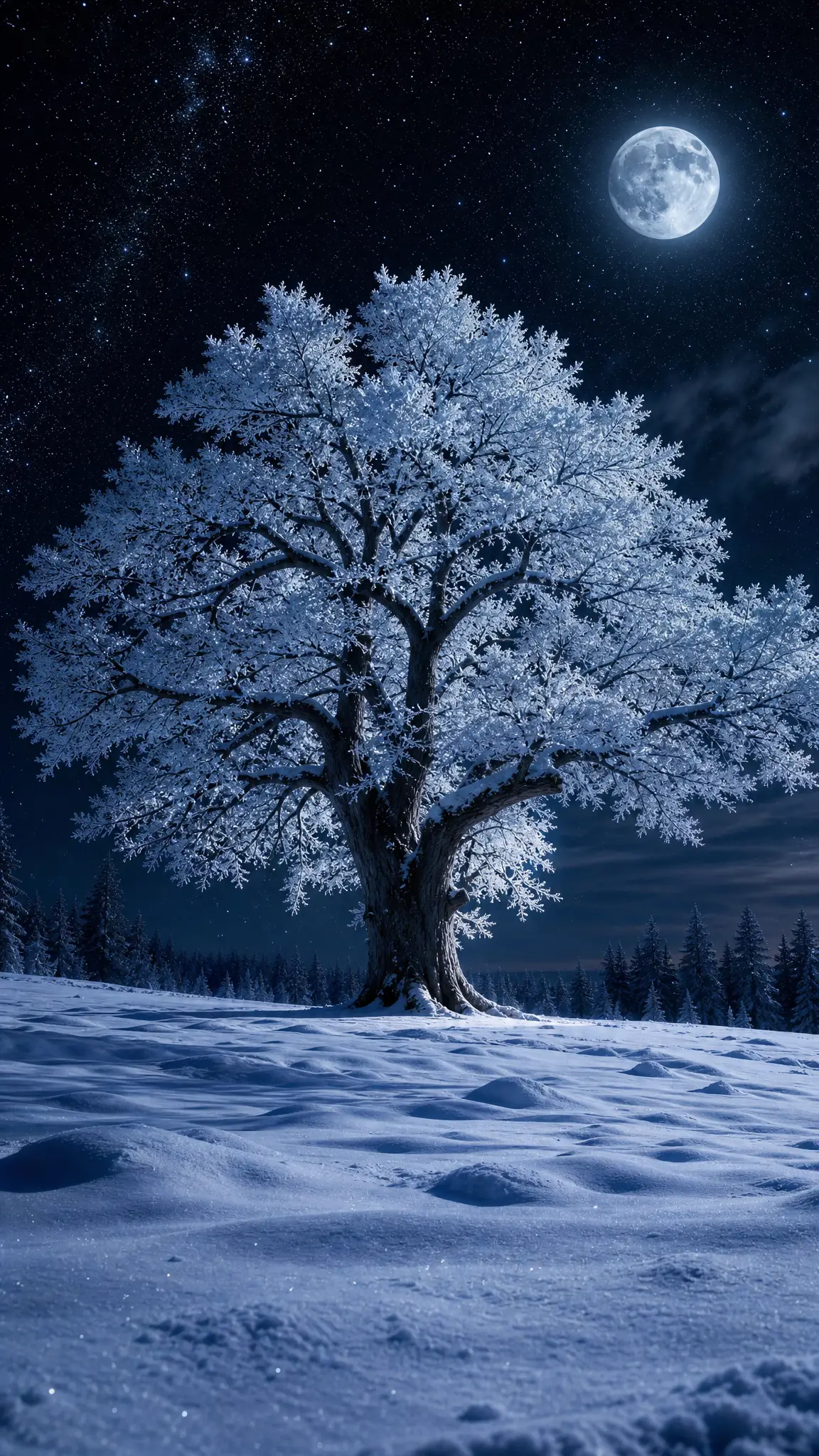 Majestic Lone Tree In Moonlit Winter Landscape