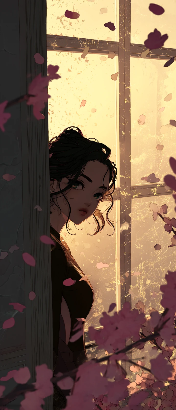 Sad anime woman at fogged window in golden hour light