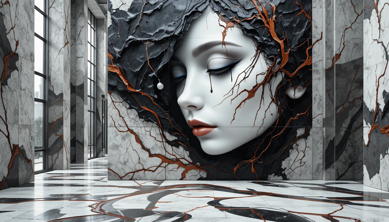 Monochrome ink portrait of an ethereal woman with blue eyes