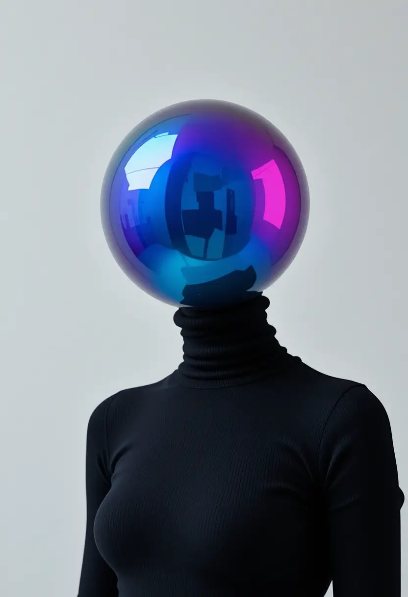 Surreal figure in black turtleneck with iridescent sphere head