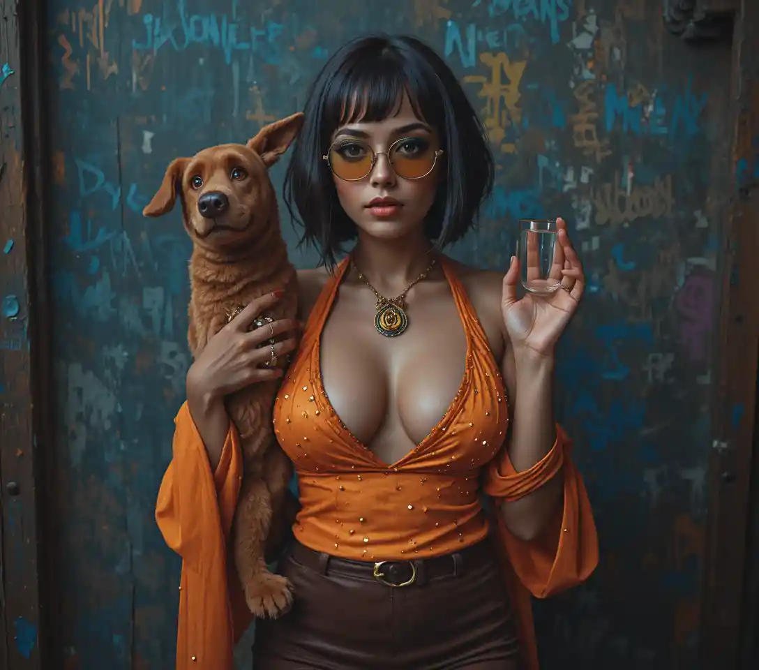 Brunette woman in orange sequin cosplay dress indoors