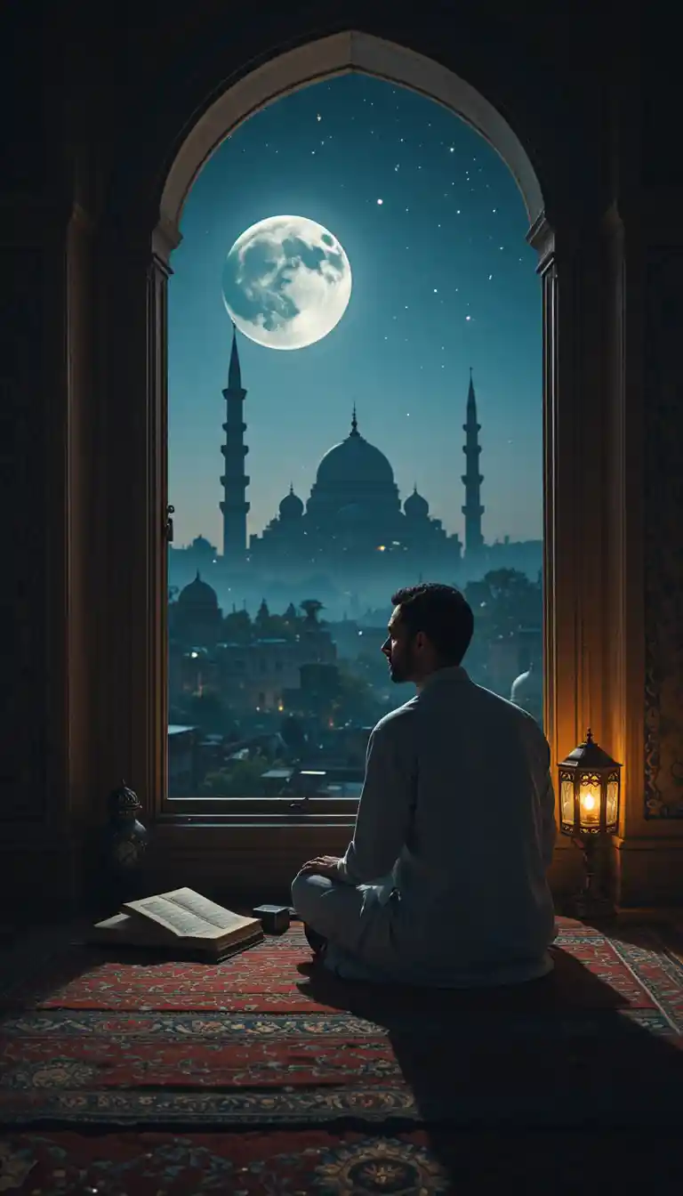Muslim man making dua on a night prayer mat
