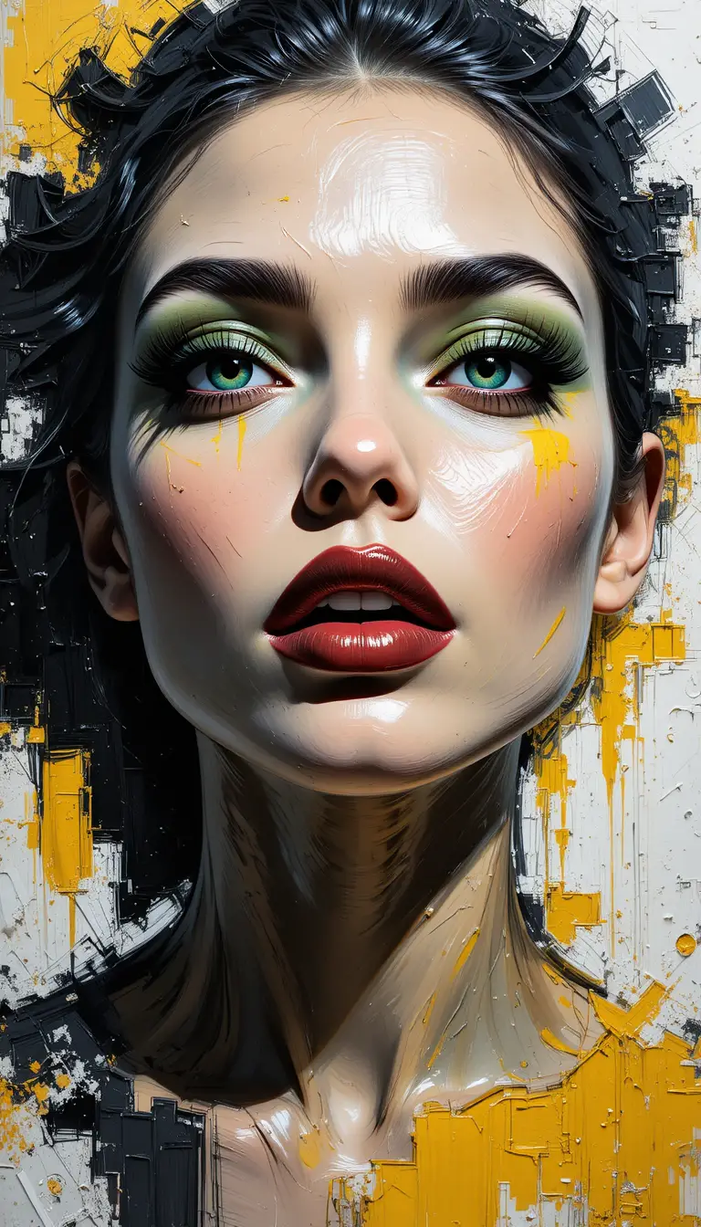Close up oil painting of a woman with striking green eyes