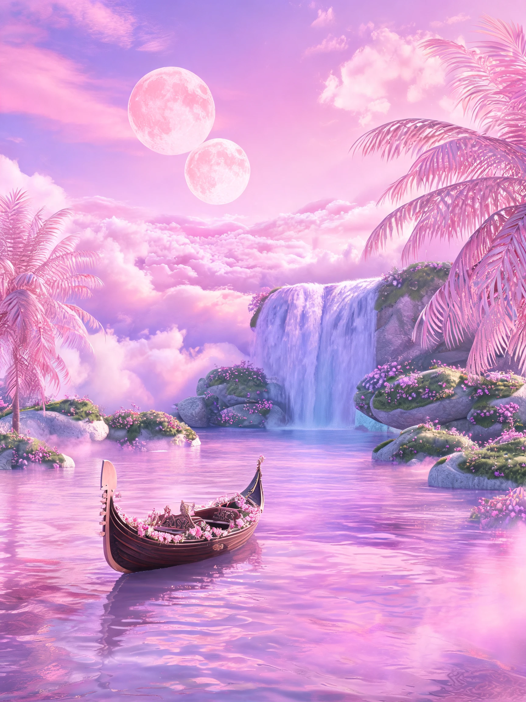 Sueño surrealista de océano rosa con barco y cascada lejana