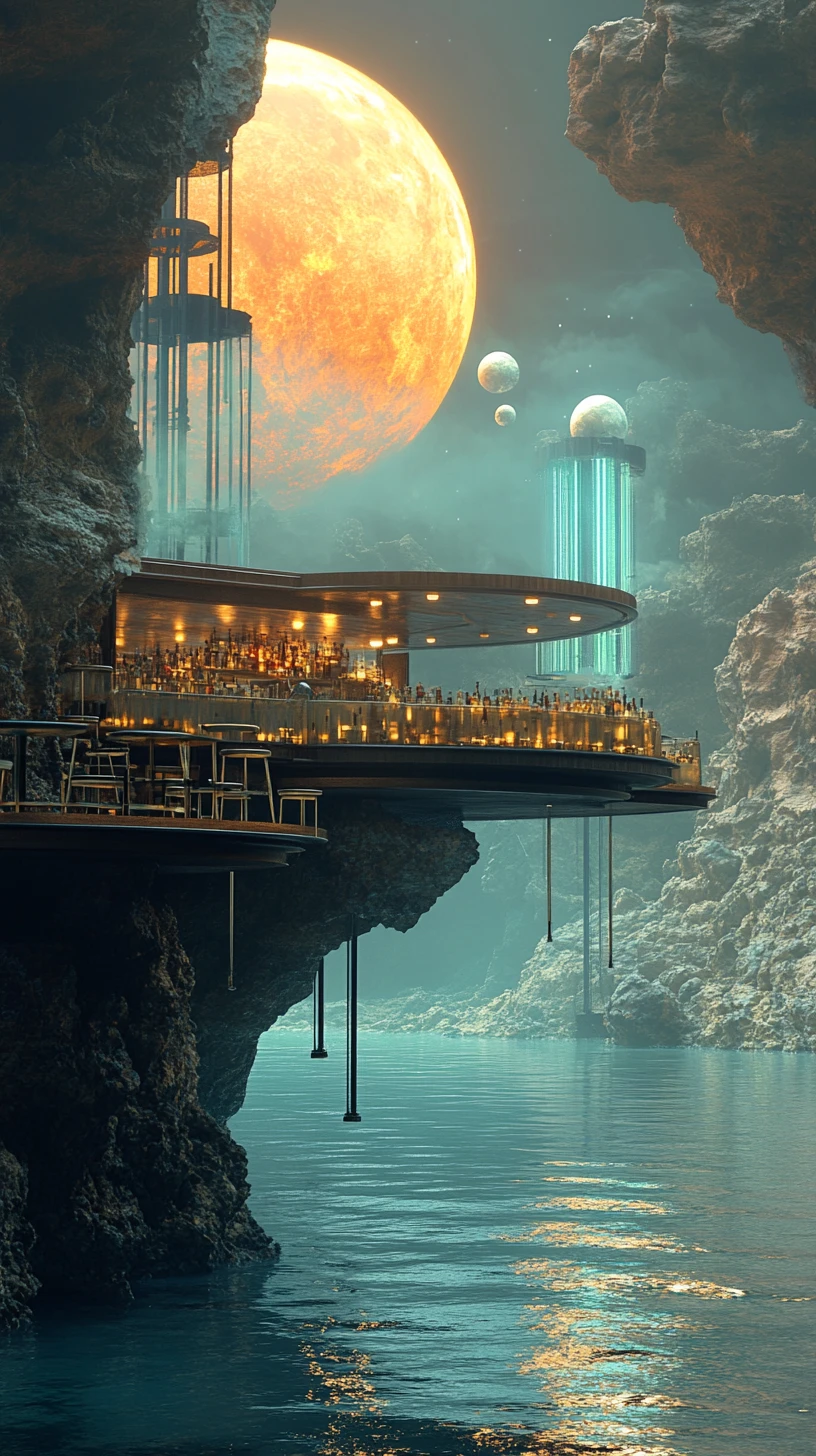Surreal cliffside bar above a tranquil shimmering sea