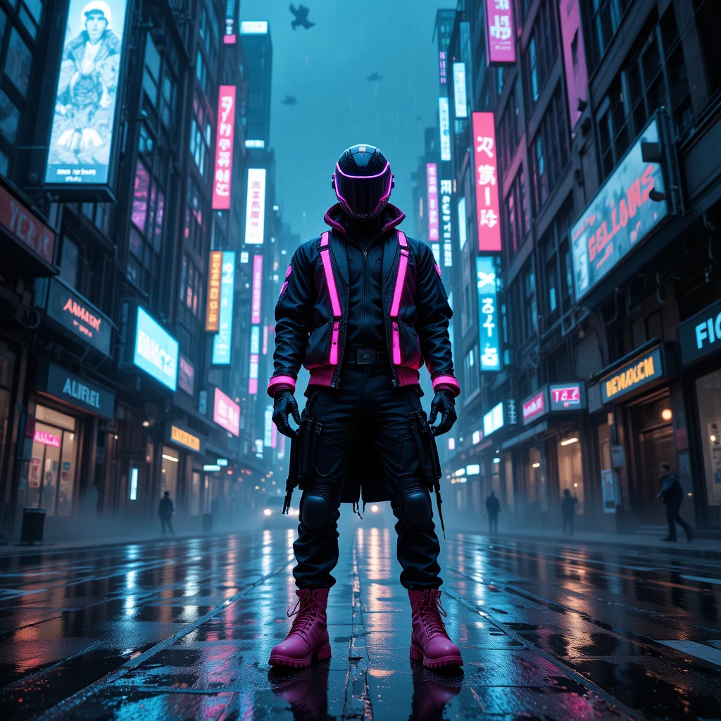 Cyberpunk street warrior in neon futuristic alley
