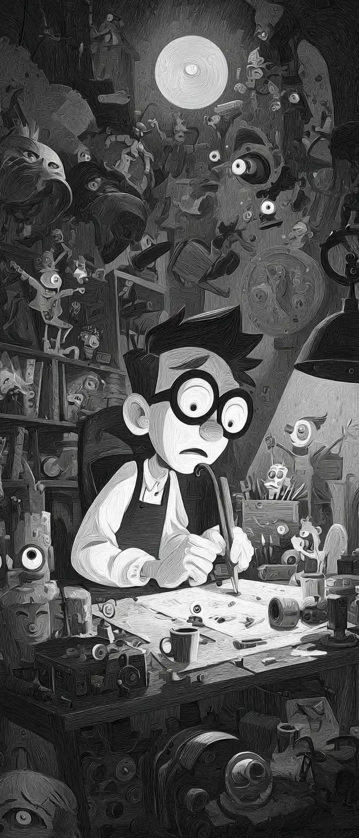 Clockwork toymaker working by candle in midnight workshop