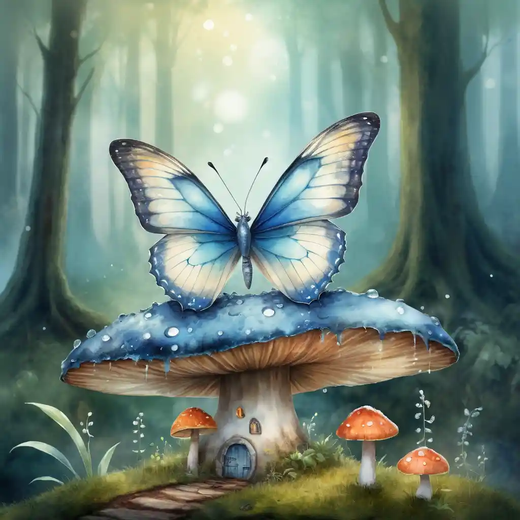 Verspielter Schmetterling auf einem Tautropfen-Pilz